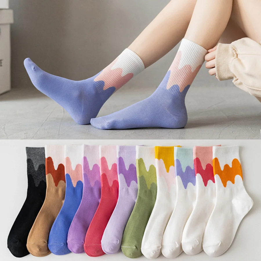 5 двойки/лот, дълги чорапи, дамски цветни сладки памучни ежедневни забавни творчески чорапи с анимационни герои за момичета, черно-бели чорапи със средна дължина, подаръци за момичета2