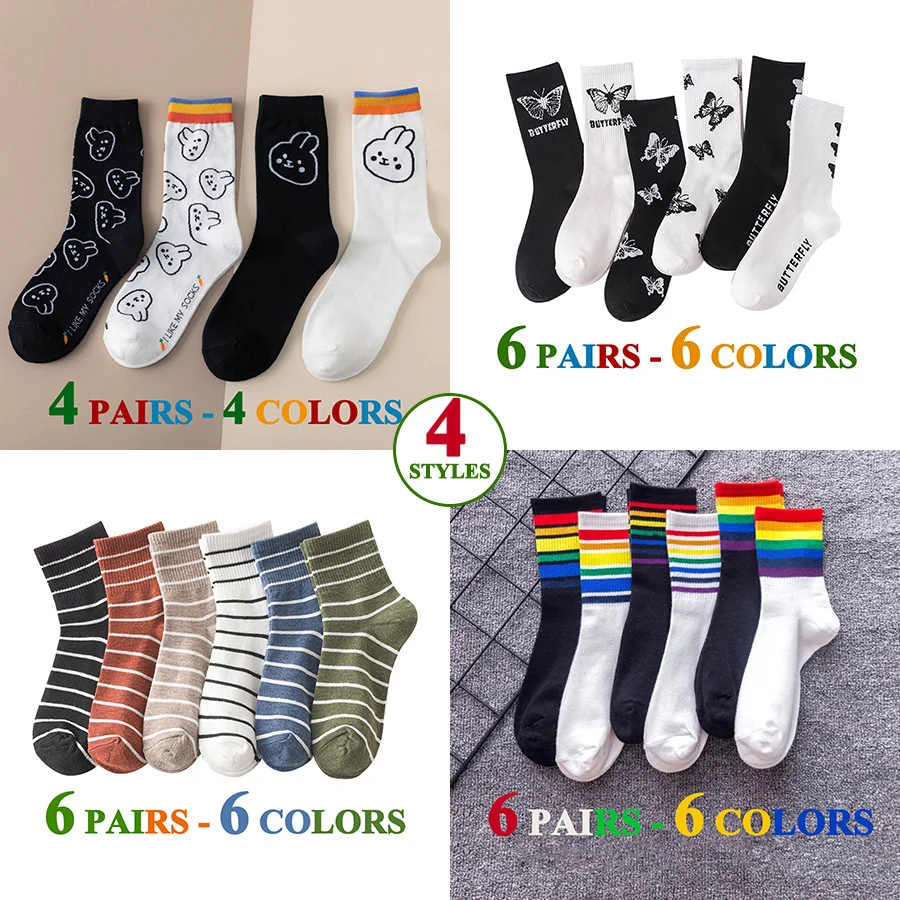5 двойки/лот, дълги чорапи, дамски цветни сладки памучни ежедневни забавни творчески чорапи с анимационни герои за момичета, черно-бели чорапи със средна дължина, подаръци за момичета4