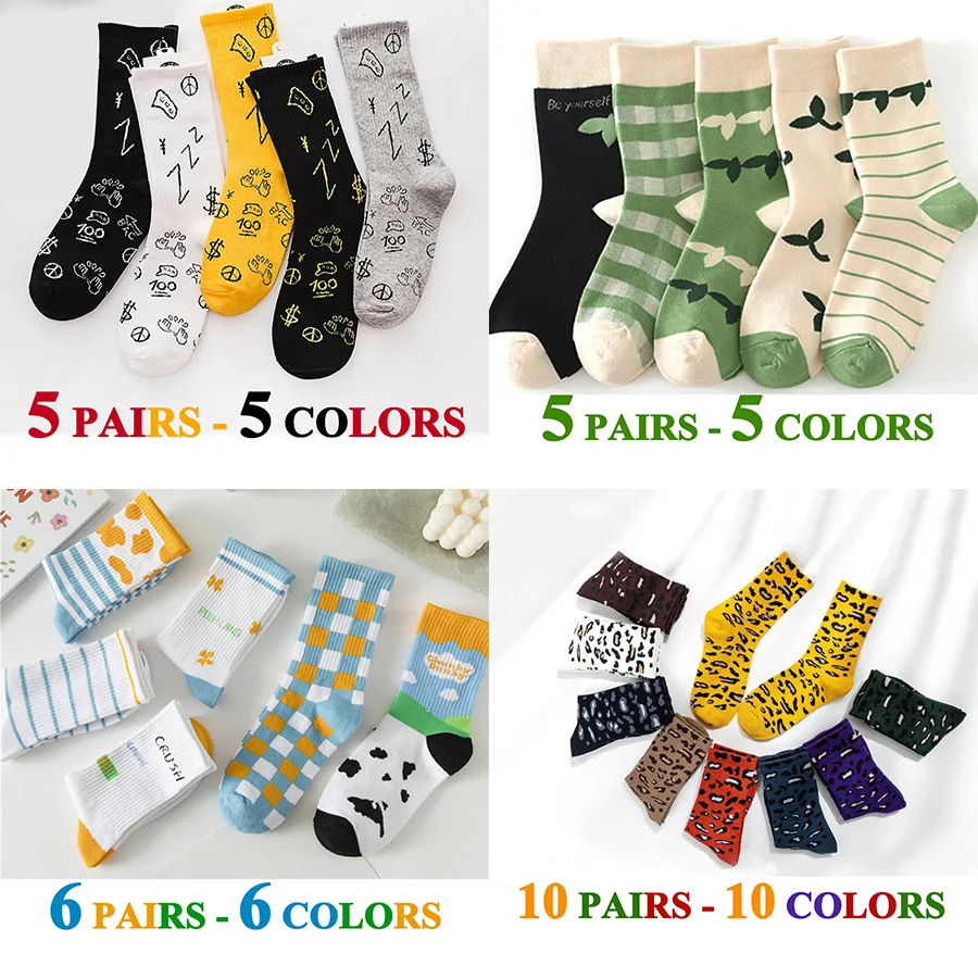 5 двойки/лот, дълги чорапи, дамски цветни сладки памучни ежедневни забавни творчески чорапи с анимационни герои за момичета, черно-бели чорапи със средна дължина, подаръци за момичета5