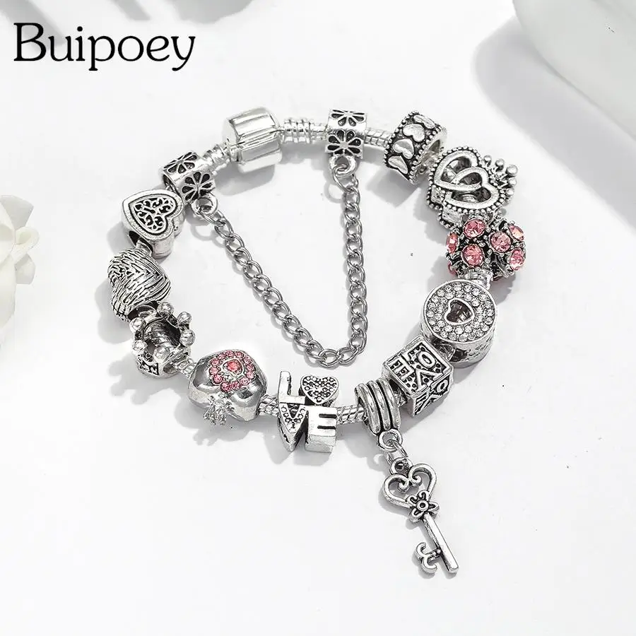 Buipoey със сребърно покритие гривни с отложено във формата на сърце-ключ за жени, оригинална гривна с корона на принцеса за момичета, украсени с мъниста, Бижута за жена си0