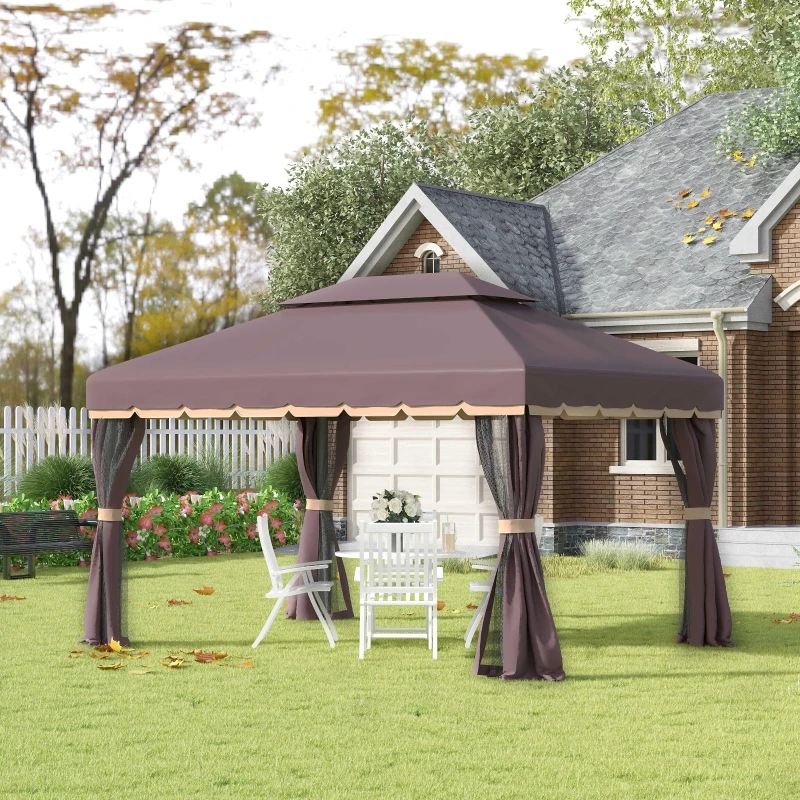 Беседка за двор с размер 10 x 13 см, алуминиева рама, двоен покрив, навес беседка на открито с мрежа и завеси, за градината, тревата2