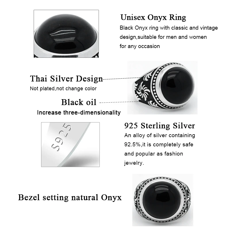 Мъжки Пръстени от Сребро 925 проба, ислямското мюсюлманската с черен камък оникс, мъжки пръстен, ретро дизайн, турски бижута ръчна изработка, подарък2
