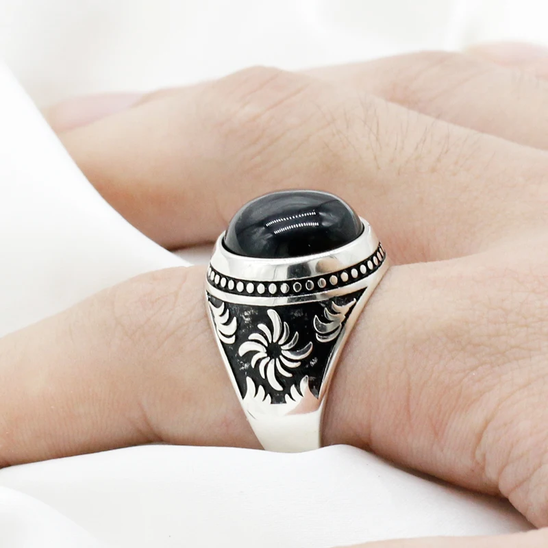 Мъжки Пръстени от Сребро 925 проба, ислямското мюсюлманската с черен камък оникс, мъжки пръстен, ретро дизайн, турски бижута ръчна изработка, подарък5