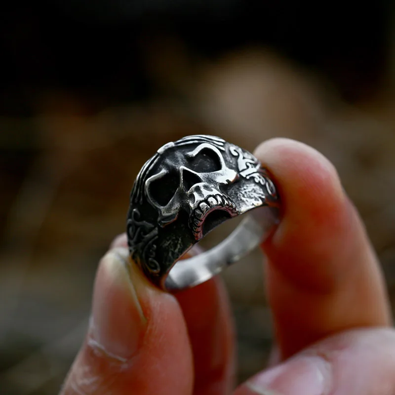 Нов Дизайн, мъжки пръстени с резным цветисти черепа от неръждаема Стомана, пънк-готически модерен подарък за мъже-приятели, колоездачи, бижута на едро3