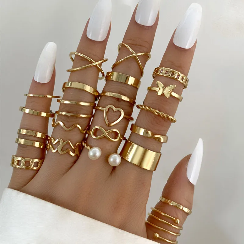 Комплект пръстени със сърца цвят КОТиК бохо Златен цвят за жени, Реколта пръстени с геометричен Кръст и перлената пеперуда на пръст, Женски модерен бижута подарък0