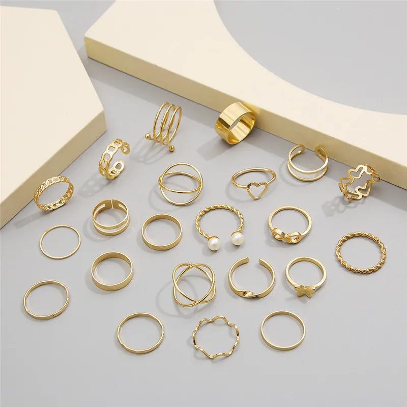 Комплект пръстени със сърца цвят КОТиК бохо Златен цвят за жени, Реколта пръстени с геометричен Кръст и перлената пеперуда на пръст, Женски модерен бижута подарък1