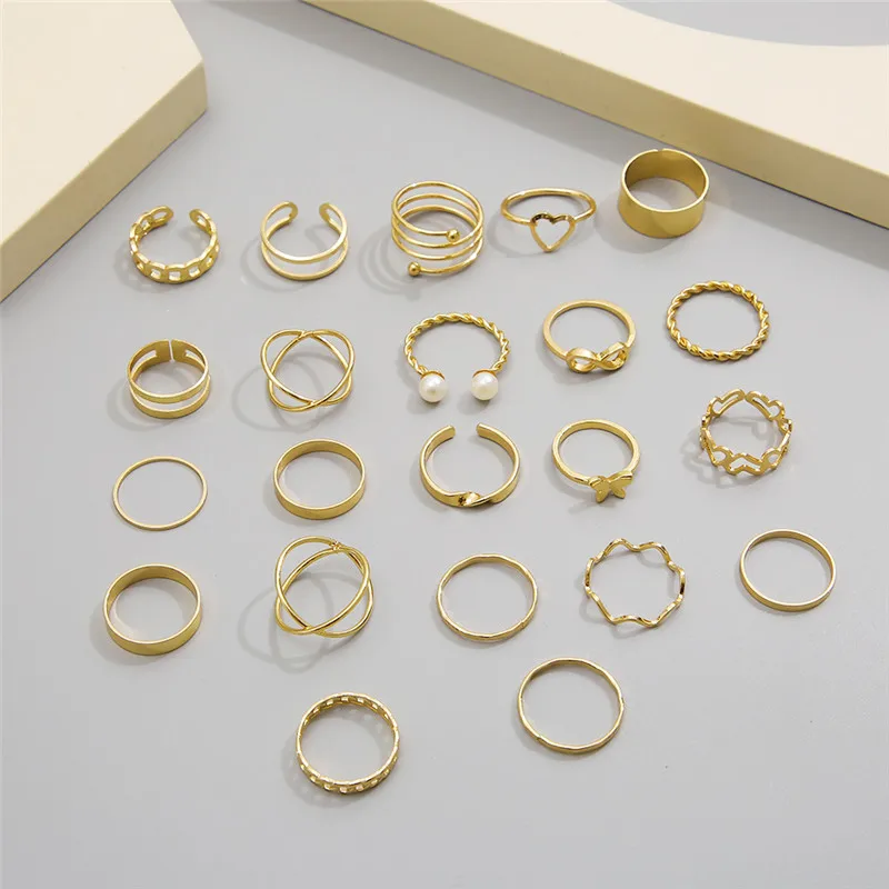 Комплект пръстени със сърца цвят КОТиК бохо Златен цвят за жени, Реколта пръстени с геометричен Кръст и перлената пеперуда на пръст, Женски модерен бижута подарък2