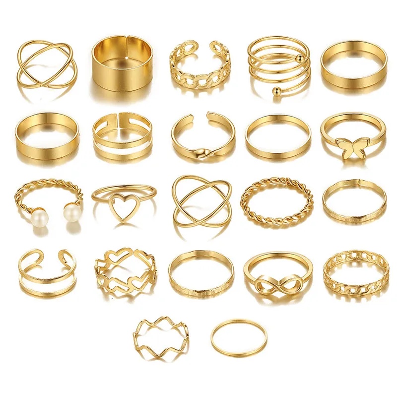 Комплект пръстени със сърца цвят КОТиК бохо Златен цвят за жени, Реколта пръстени с геометричен Кръст и перлената пеперуда на пръст, Женски модерен бижута подарък4