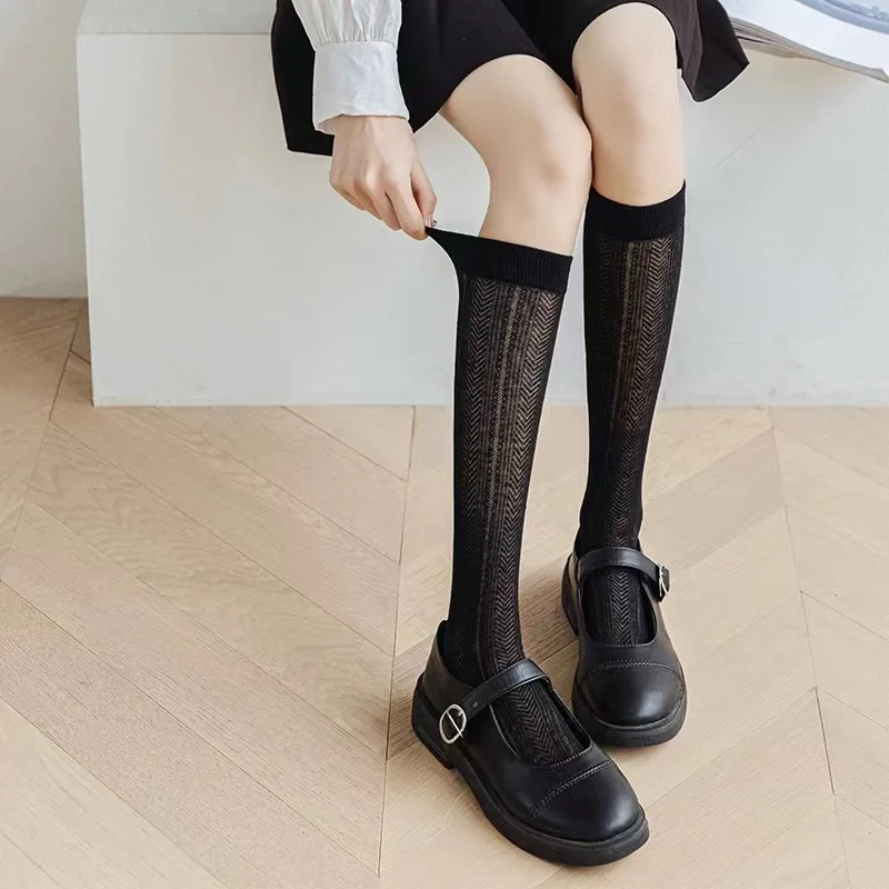 Летни открити тънки чорапи дишащи, дамски обикновена корейски чорапи-тръбички JK, сладки чорапи до коляното за момичета Sokken0