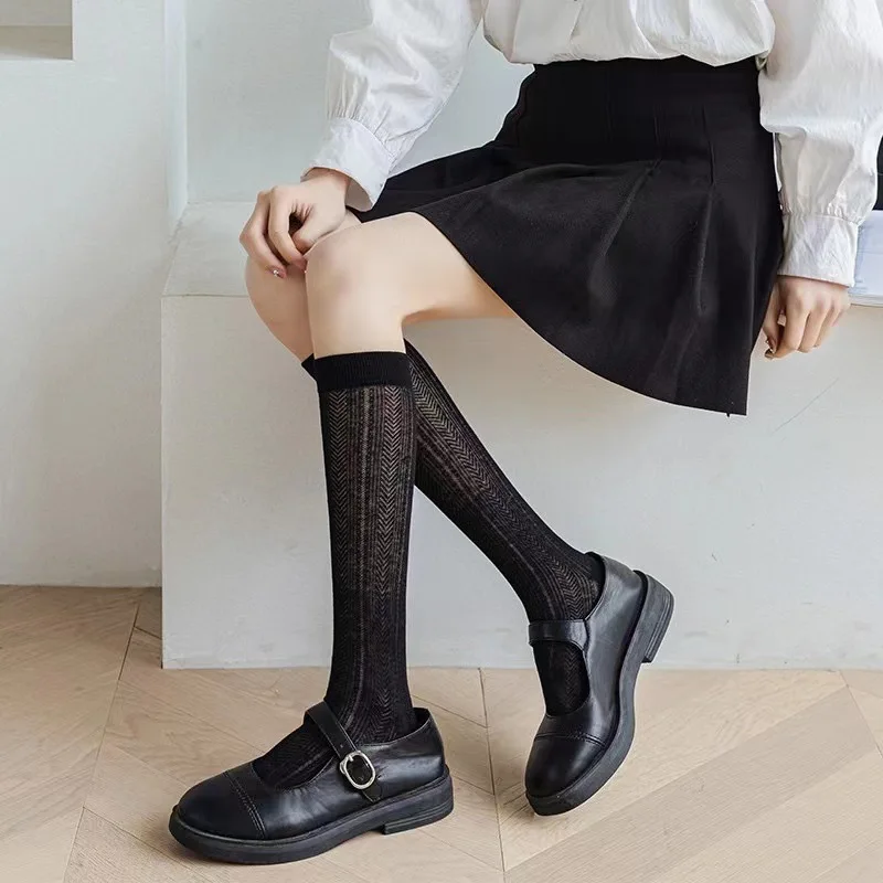 Летни открити тънки чорапи дишащи, дамски обикновена корейски чорапи-тръбички JK, сладки чорапи до коляното за момичета Sokken1