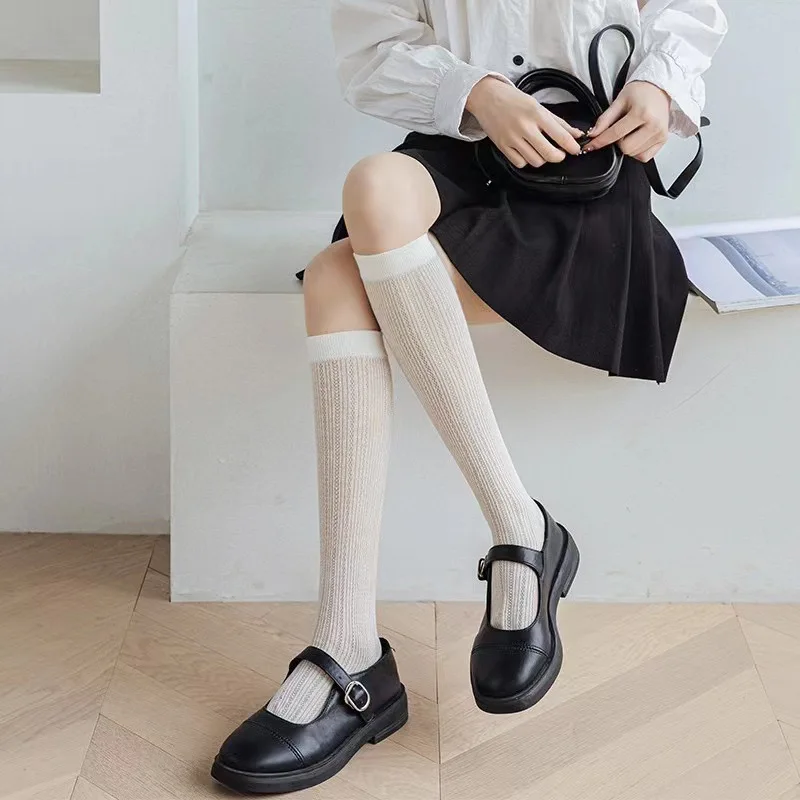 Летни открити тънки чорапи дишащи, дамски обикновена корейски чорапи-тръбички JK, сладки чорапи до коляното за момичета Sokken2