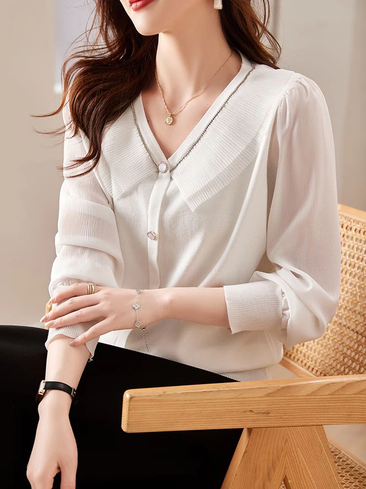 Нова корейска модни шифоновая блуза в стил мозайка с дълъг ръкав, дамски плетива от коприна лед, Елегантен пуловер с V-образно деколте дамски дрехи0