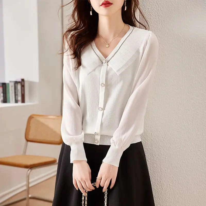 Нова корейска модни шифоновая блуза в стил мозайка с дълъг ръкав, дамски плетива от коприна лед, Елегантен пуловер с V-образно деколте дамски дрехи1