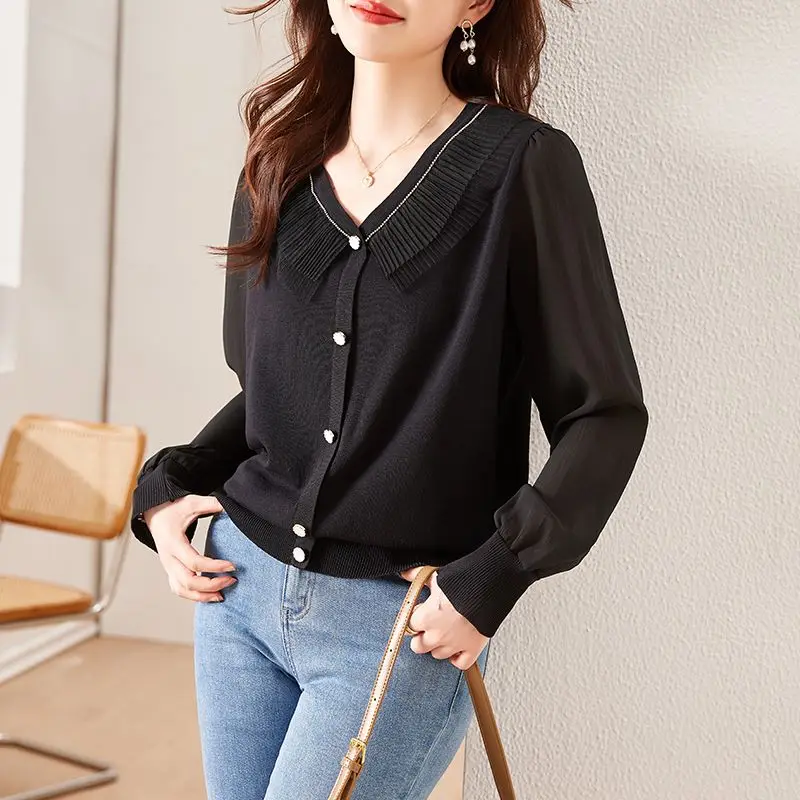 Нова корейска модни шифоновая блуза в стил мозайка с дълъг ръкав, дамски плетива от коприна лед, Елегантен пуловер с V-образно деколте дамски дрехи2