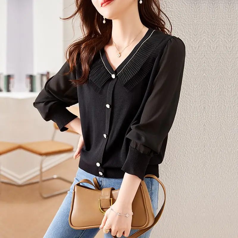 Нова корейска модни шифоновая блуза в стил мозайка с дълъг ръкав, дамски плетива от коприна лед, Елегантен пуловер с V-образно деколте дамски дрехи4