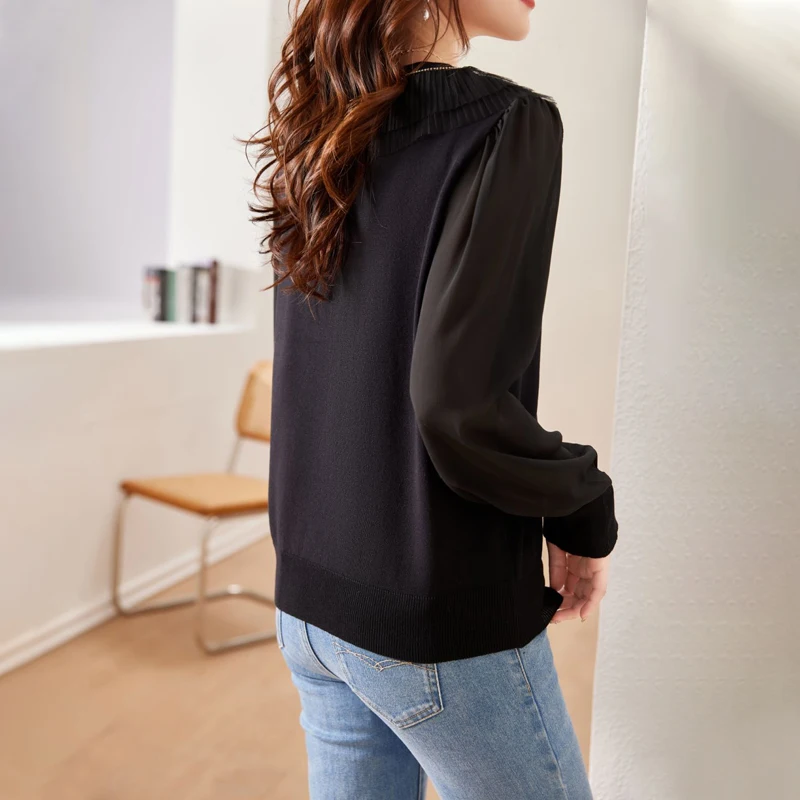 Нова корейска модни шифоновая блуза в стил мозайка с дълъг ръкав, дамски плетива от коприна лед, Елегантен пуловер с V-образно деколте дамски дрехи5