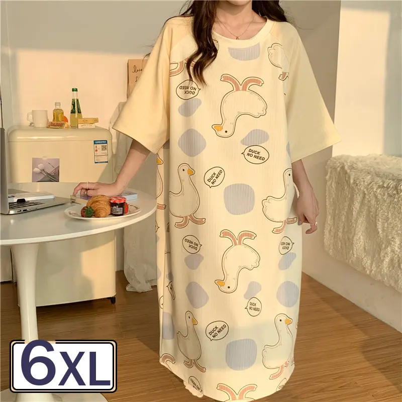 Рокли, пижами големи размери, ританки с къси ръкави и шарките от карикатура, цели гащеризони за възрастни, дамско нощно рокля с дължина 5XL 6XL0