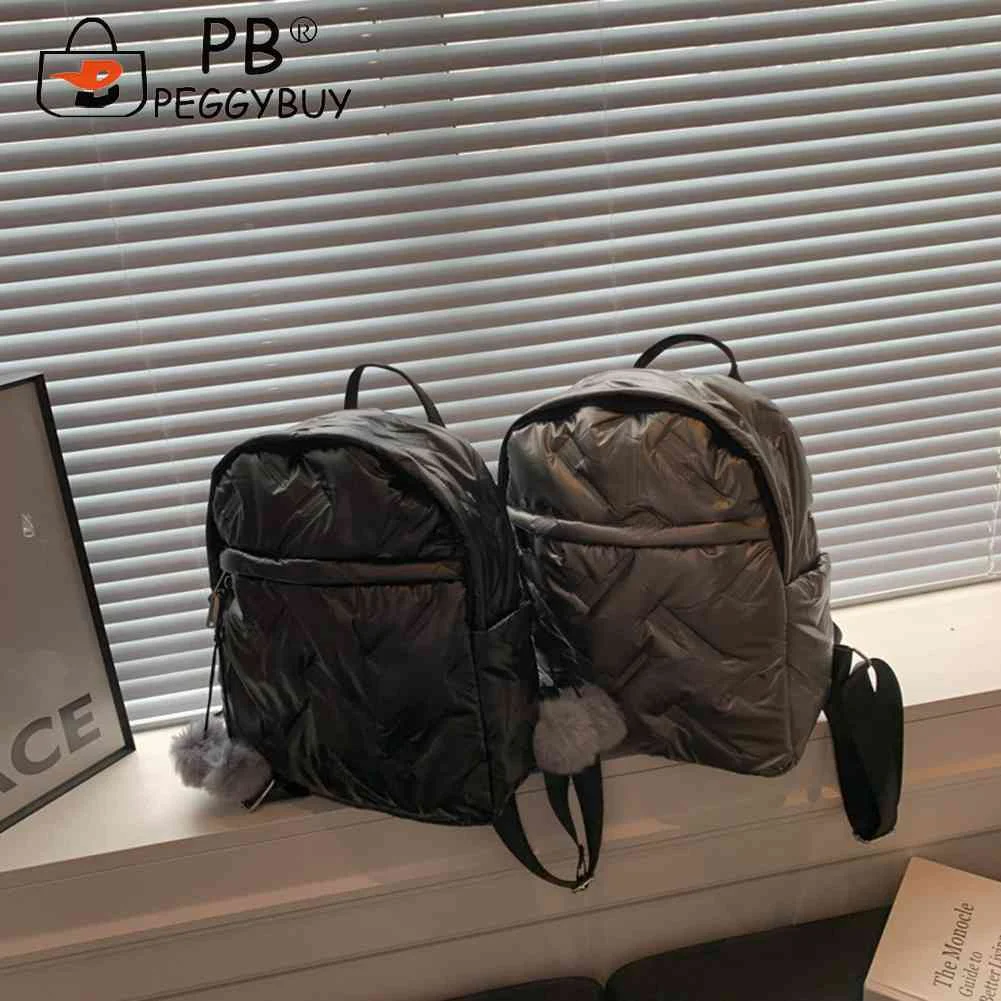 Водоустойчив памучни ученически чанти от пух, обикновена модни женски училищни чанти за студенти, проста жена раница с цип с помпоном0