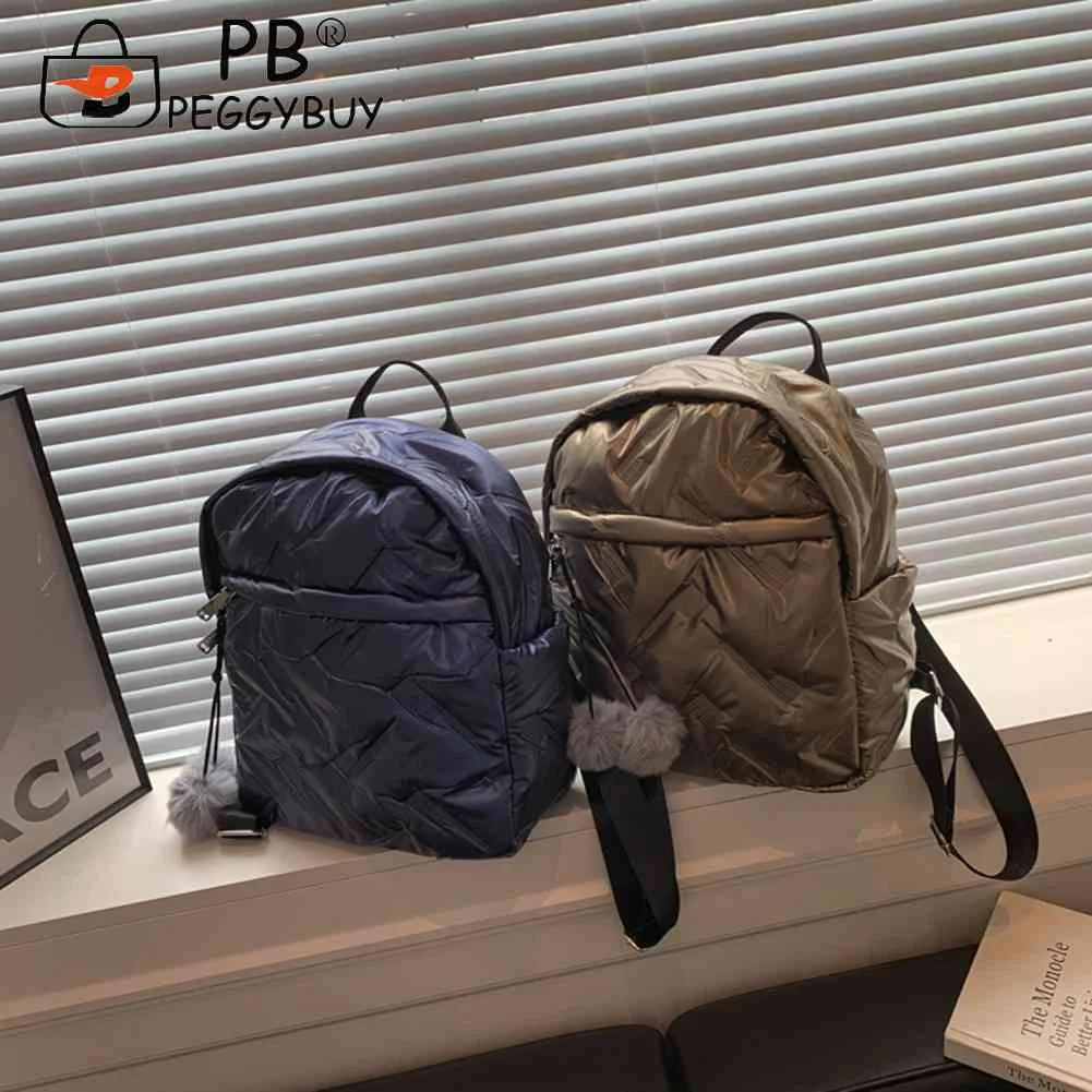 Водоустойчив памучни ученически чанти от пух, обикновена модни женски училищни чанти за студенти, проста жена раница с цип с помпоном2