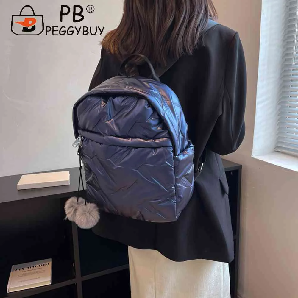 Водоустойчив памучни ученически чанти от пух, обикновена модни женски училищни чанти за студенти, проста жена раница с цип с помпоном3