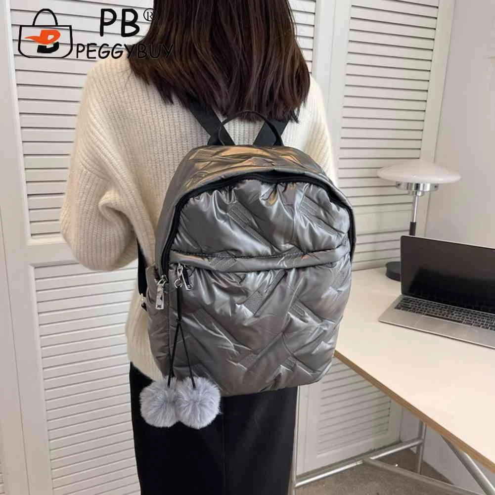 Водоустойчив памучни ученически чанти от пух, обикновена модни женски училищни чанти за студенти, проста жена раница с цип с помпоном5