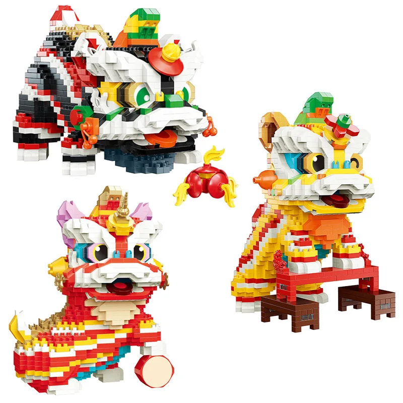Танц на Лъва, микро Строителни блокове, китайска коледна събрана модел, приветствующая Лъв, мини-фигурка от тухли, играчка за детско подарък1