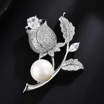 ANSHELI Елегантни брошки с перлата на цвете и цирконием сребрист цвят за жени, игли, подаръци за сватба, аксесоари, дрехи, бижута, подаръци