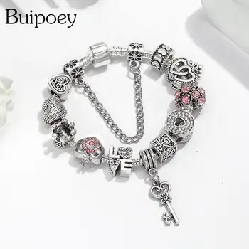 Buipoey със сребърно покритие гривни с отложено във формата на сърце-ключ за жени, оригинална гривна с корона на принцеса за момичета, украсени с мъниста, Бижута за жена си