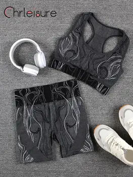 CHRLEISURE, комплект за йога в ивица с принтом, дамски дрехи за тренировки, безшевни къси панталони с висока талия, дамски спортен комплект с бюстгальтером за бягане
