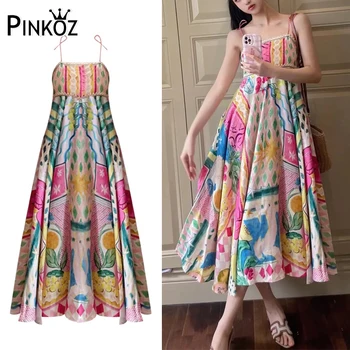 Pinkoz женски празнични midi-рокли за спагети презрамки с цветен модел, лятна плажна рокля, луксозен модерен халат de mujer, vestidos трафика