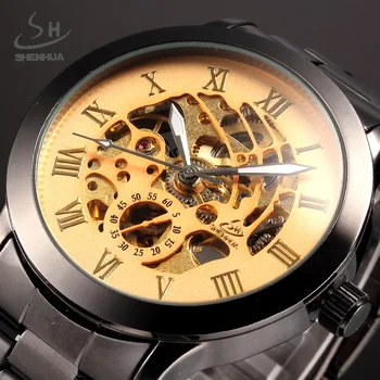 Автоматични механични часовници мъжки златни SHENHUA луксозна марка часовници е от неръждаема стомана, мъжки часовници с виртуален скелет, спортни Relogio Masculino