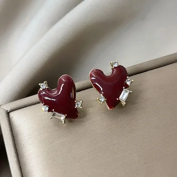 Вино-червено эмалевые обеци-карамфил с кристали, дамски необичайни обеци с неправилна форма със сърца в стил ретро, украса за уши brincos