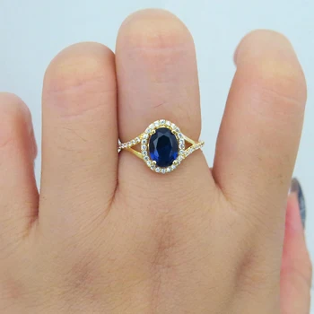 Годежен пръстен със син сапфир 1,0 карата 7*5 мм, създаден в лаборатория, за жени с бял камък муассанитом, пръстен на Halo от жълто злато, 14 к