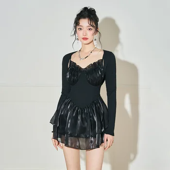 Дамски бански 2023, нов парче комплект от две части, корейски Черно секси бански костюм с лицеви апом на малки гърди, бански костюми за топла Пролет