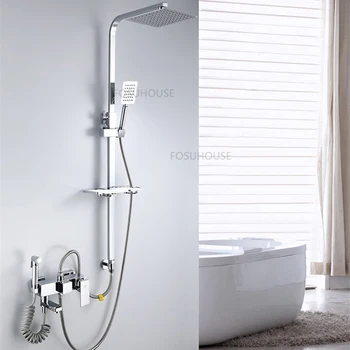 Модерни медни двойни смесители за душ за баня Смесител за душ с топла и студена вода за Домакински луксозна душ система с компресор