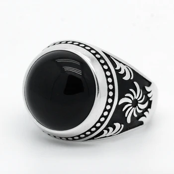 Мъжки Пръстени от Сребро 925 проба, ислямското мюсюлманската с черен камък оникс, мъжки пръстен, ретро дизайн, турски бижута ръчна изработка, подарък
