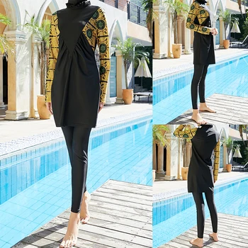 Мюсюлмански бански 2022, буркини с хиджабом, дълъг ръкав, лоскутный принт, качулка за плуване, Скромен бански костюми, ислямското женско плуване