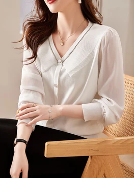 Нова корейска модни шифоновая блуза в стил мозайка с дълъг ръкав, дамски плетива от коприна лед, Елегантен пуловер с V-образно деколте дамски дрехи