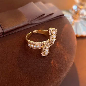 Отворен пръстен с цирконий и перли, завязанное възел, за жени, Персонални сладко модно пръстен върху показалеца си, Модерни, Универсални изящни бижута