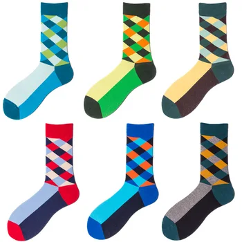 продавам 6 чифта чорапи, мъжки чорапи памук с дълги тръби, плътни шарени чорапи геометрични цветове, мъжки и дамски чорапи в розово райе