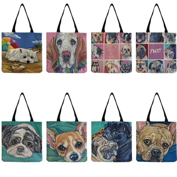 Чанта за пазаруване, Мультяшная живопис с маслени бои с принтом кучета, пътни плажни чанти, Преносима чанта през рамо, Сладки животни, голям капацитет, женски свободно време