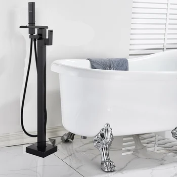 Черен мат/хром смесител за вана с водопад, пълнител за баня, подови смесители за баня с 2 функции, набор от ръчни смесители за душ